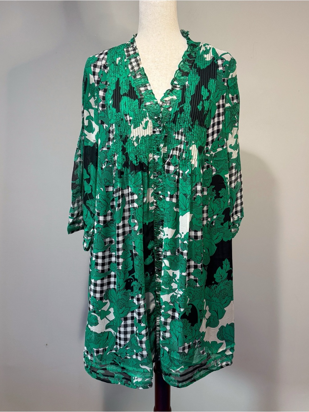 DVF Silk Chiffon Layla Mini Dress Green Floral Black Gingham Runway Size 8